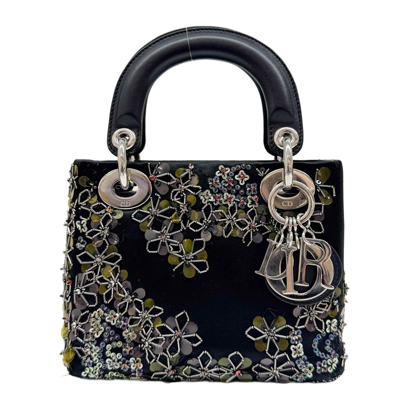 Mini Lady Dior Embroidered Floral Detail Black Satin Two Hand Bag