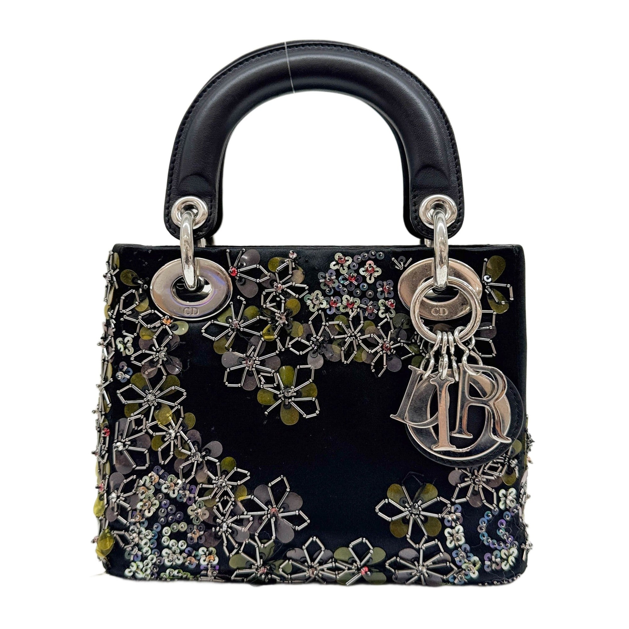 Mini Lady Dior Embroidered Floral Detail Black Satin Two Hand Bag