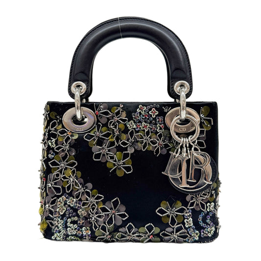 Mini Lady Dior Embroidered Floral Detail Black Satin Two Hand Bag
