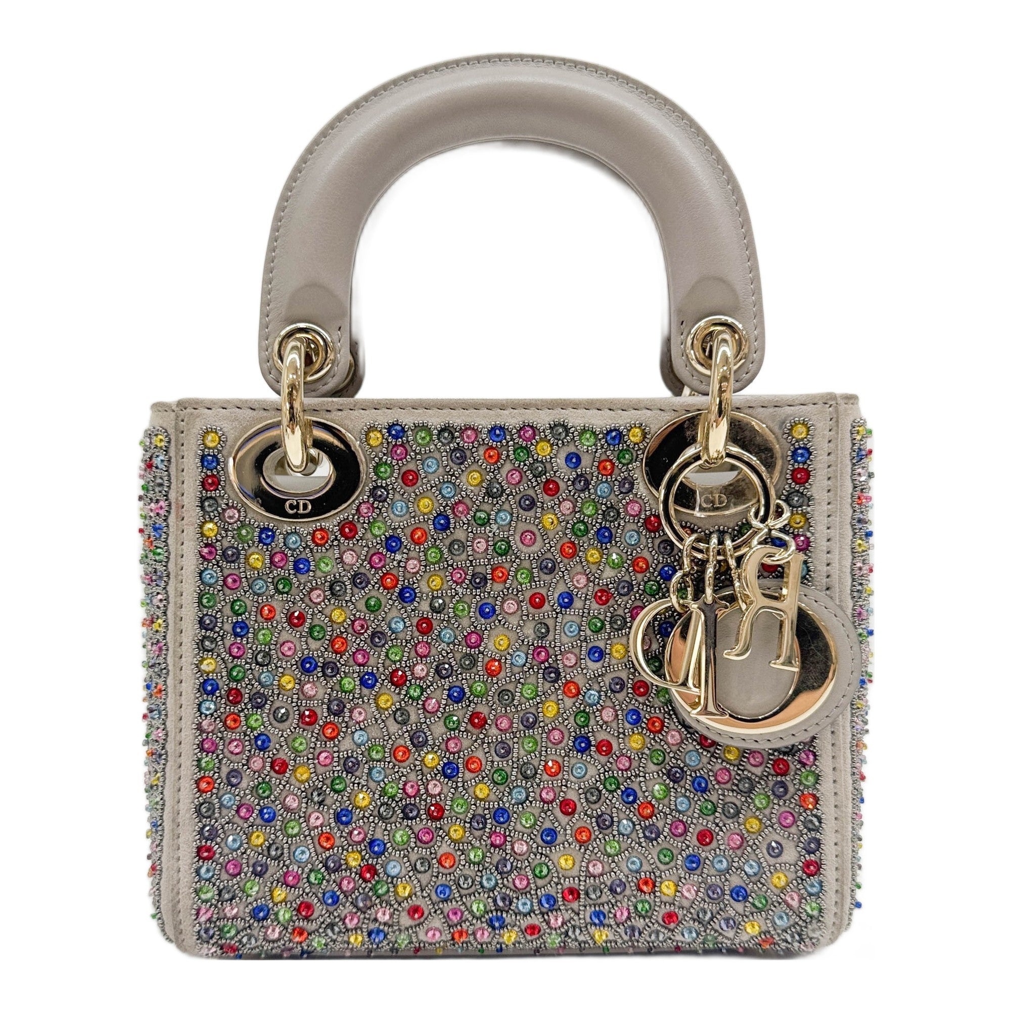 Mini Lady Dior Multicolor Rhinestone Embellished Grey Suede Two Way Bag
