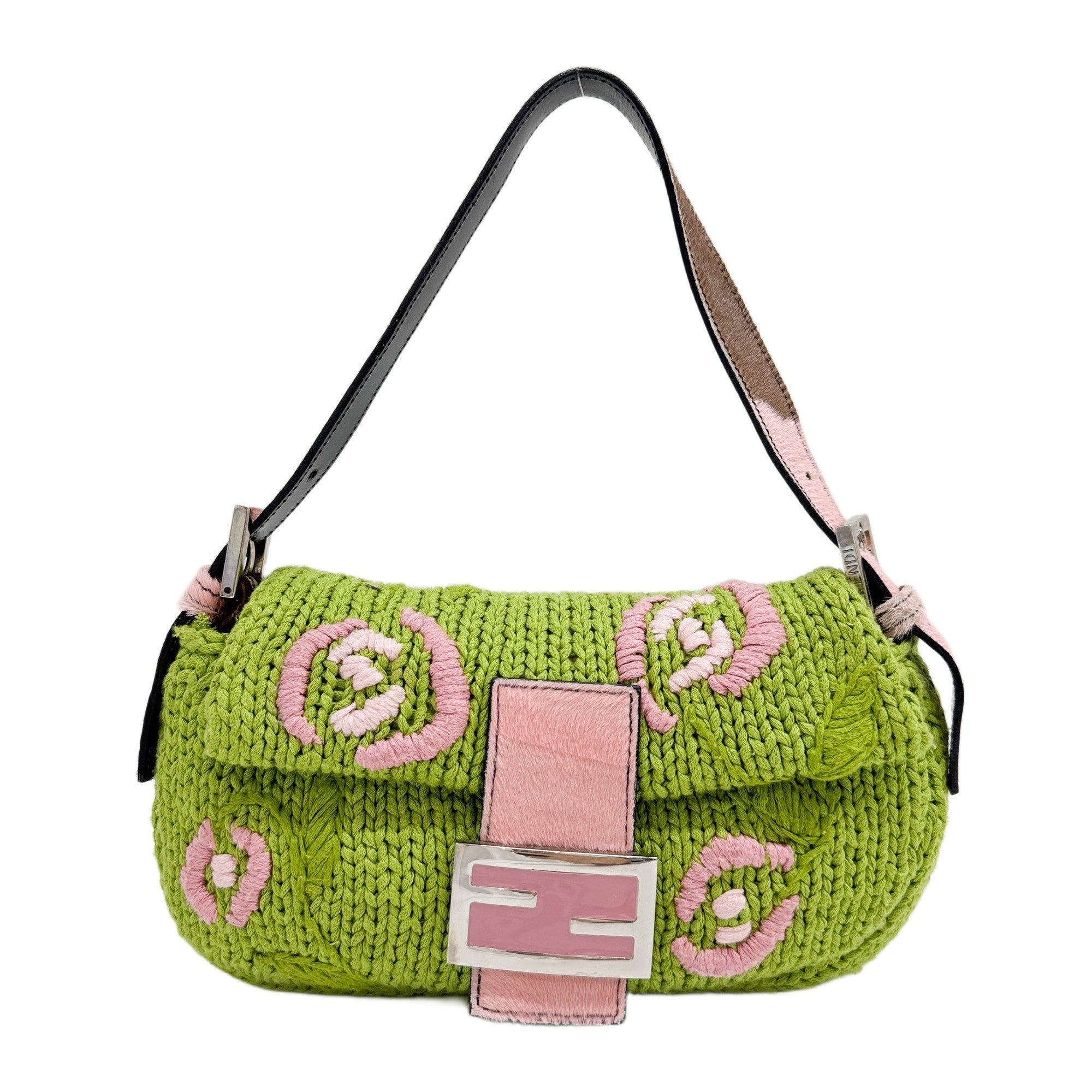 Baguette Green Knit Wool Pony Hair Trim Strap Shoulder Bag