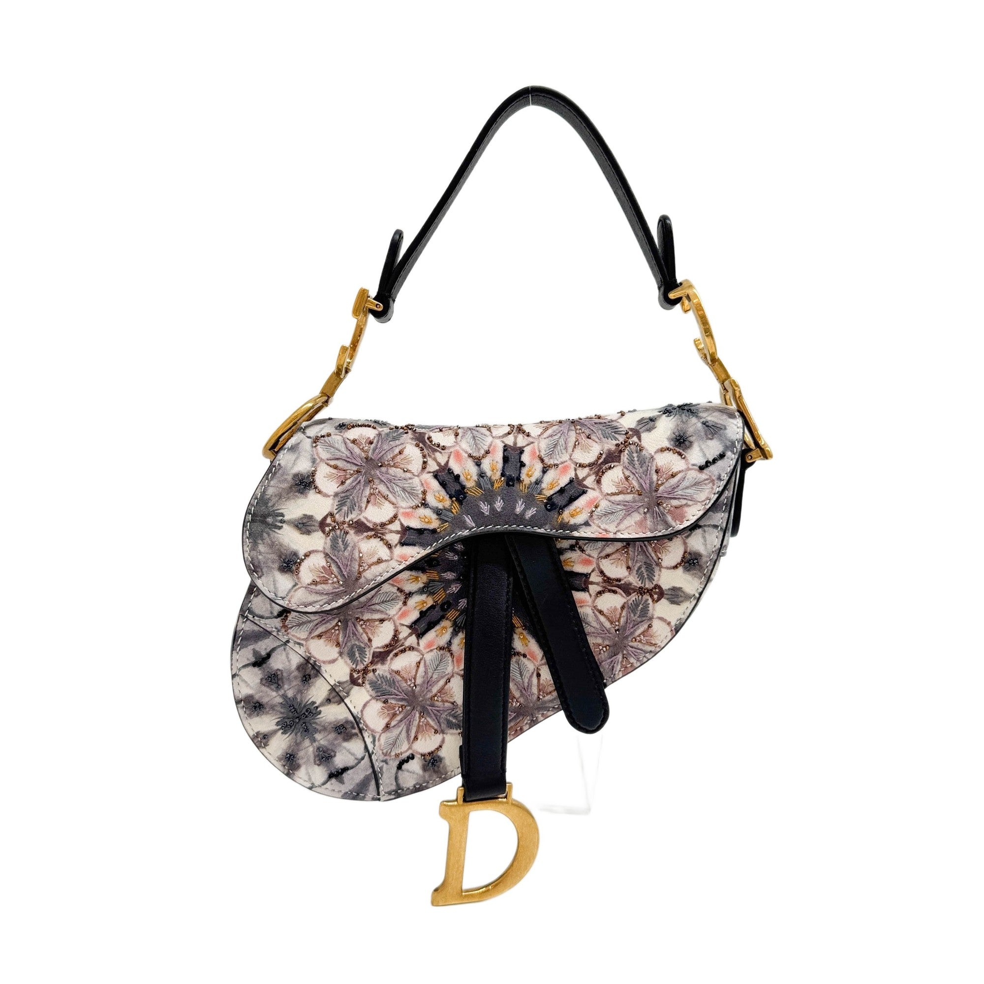 Mini Saddle Floral Beaded Embroidery Multicolor Leather Hand Bag