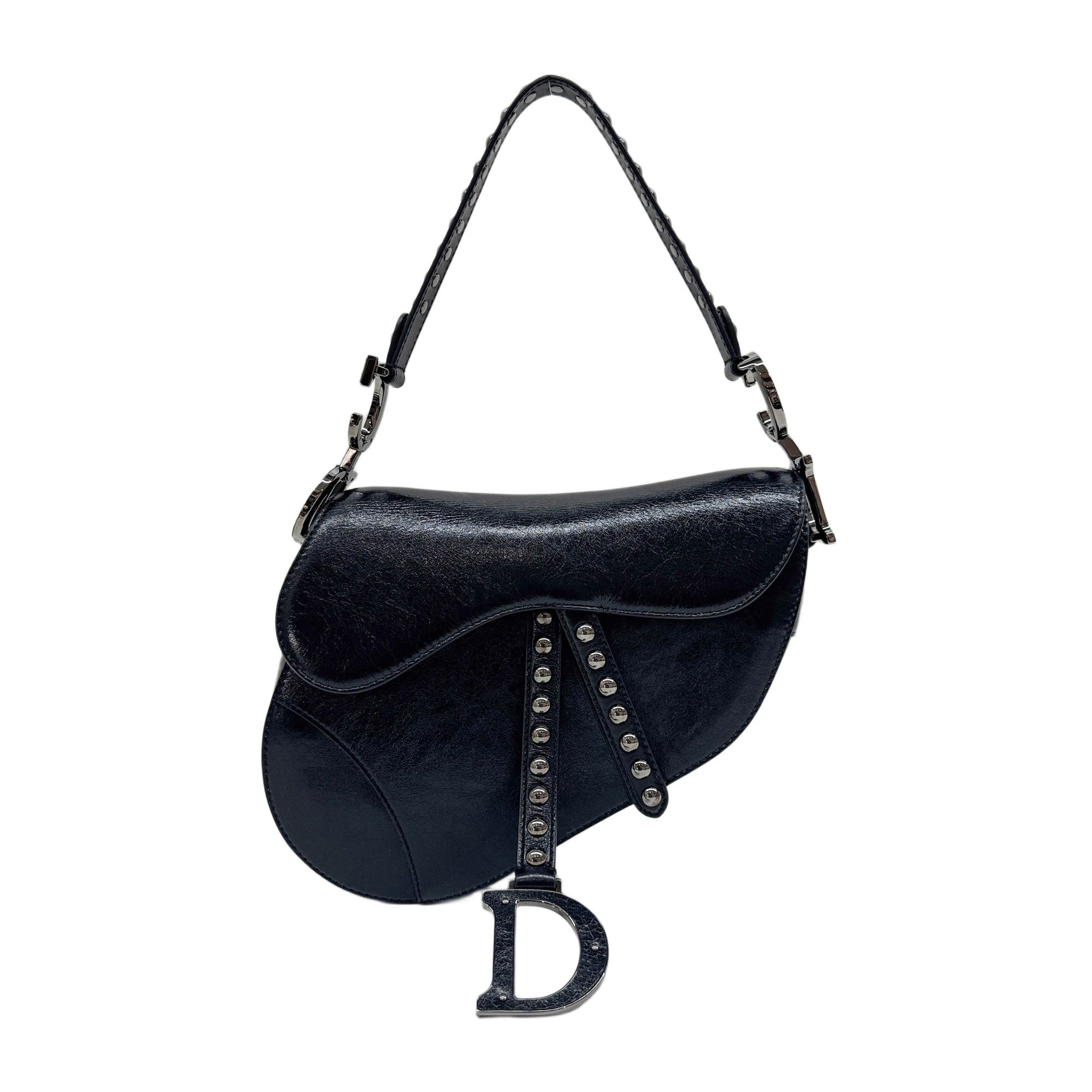 Saddle Studded Black Leather Two Way  Bag
