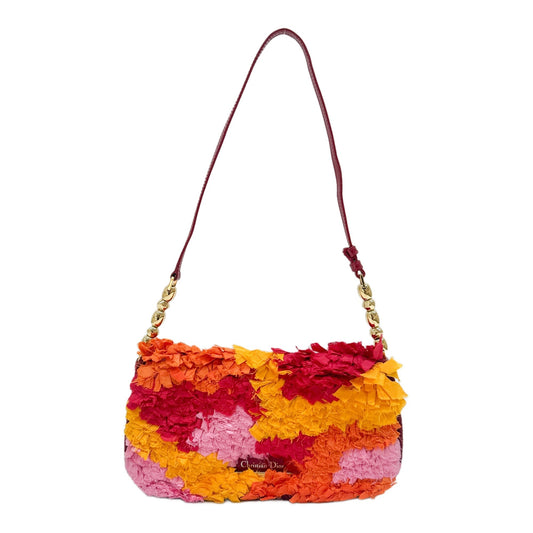 Malice Pearl Multicolored Frayed Fabric Red Satin Shoulder Bag