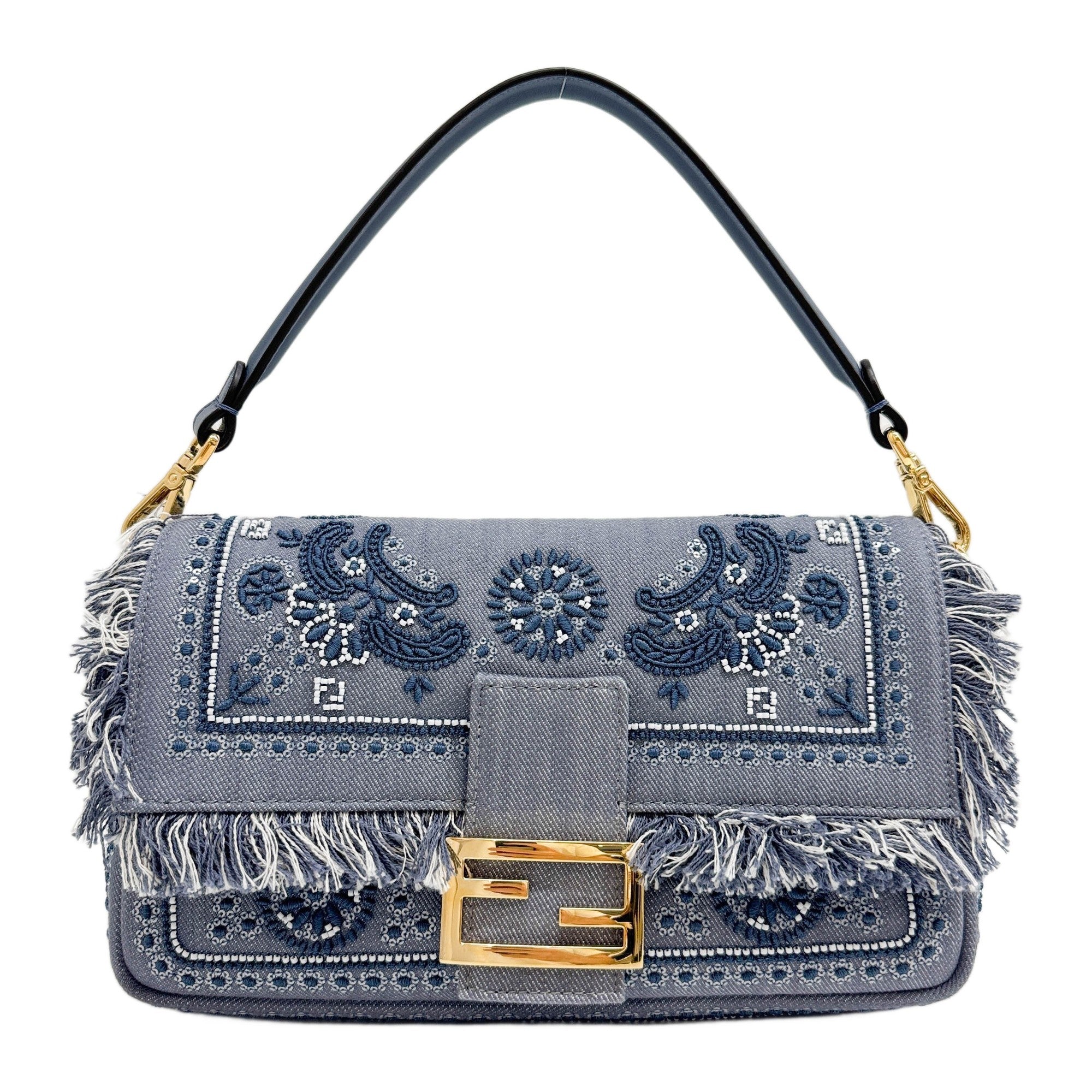 Baguette Bead Embroidered Blue Bandana Denim Two Way Bag