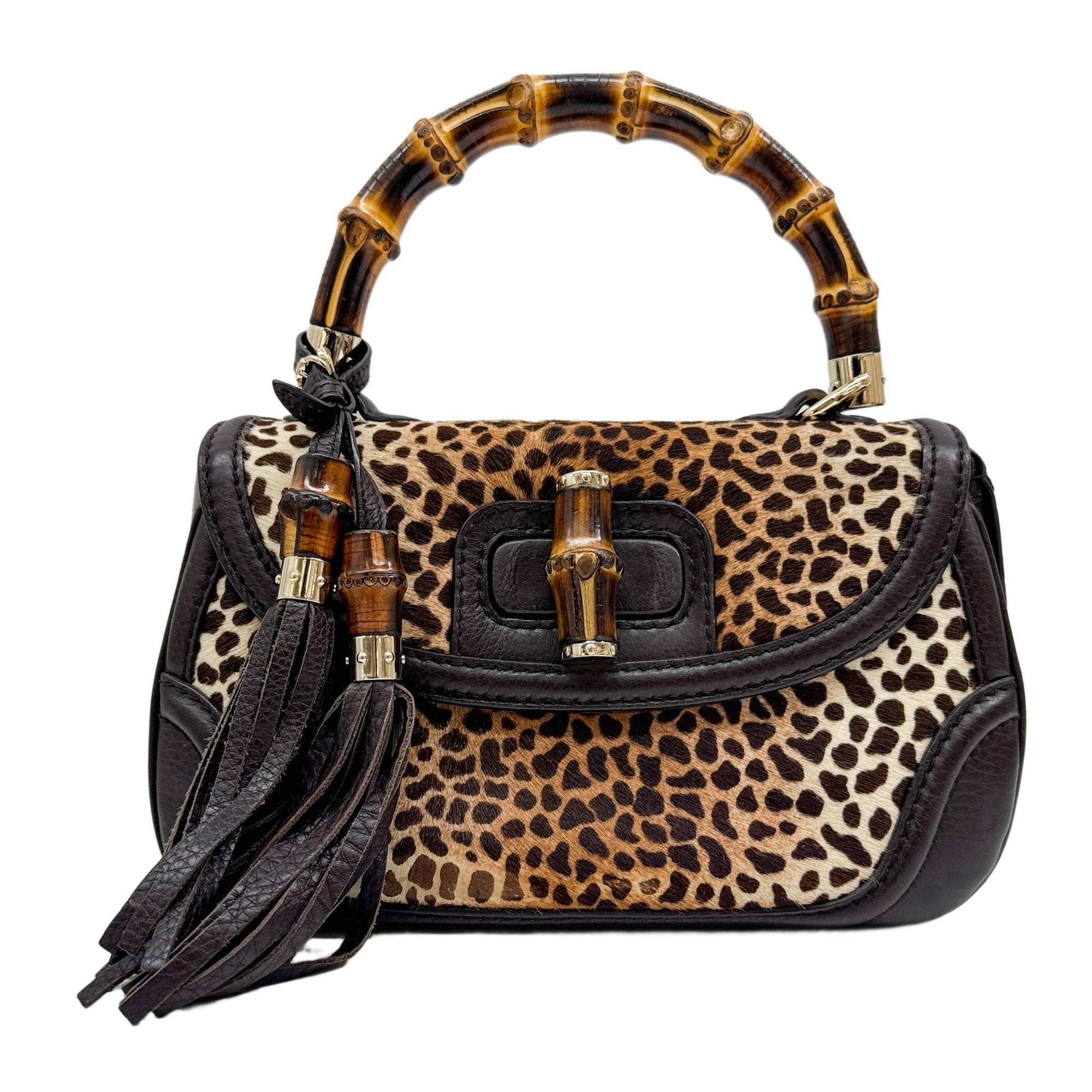 New Convertible Bamboo Top Handle Leather Trim Brown Cheetah Print Pony Hair Two Way Bag
