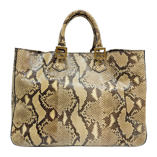 Beige Embossed Python Leather Tote Shoulder Bag