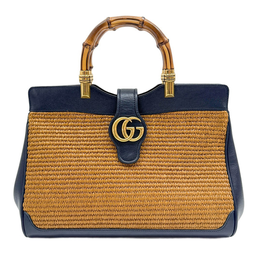 GG Marmont Navy Leather Trim Brown Raffia Two Way Bag