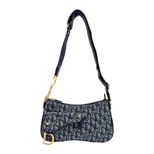 Double Saddle Pouch Navy Blue Trotter Canvas Shoulder Bag
