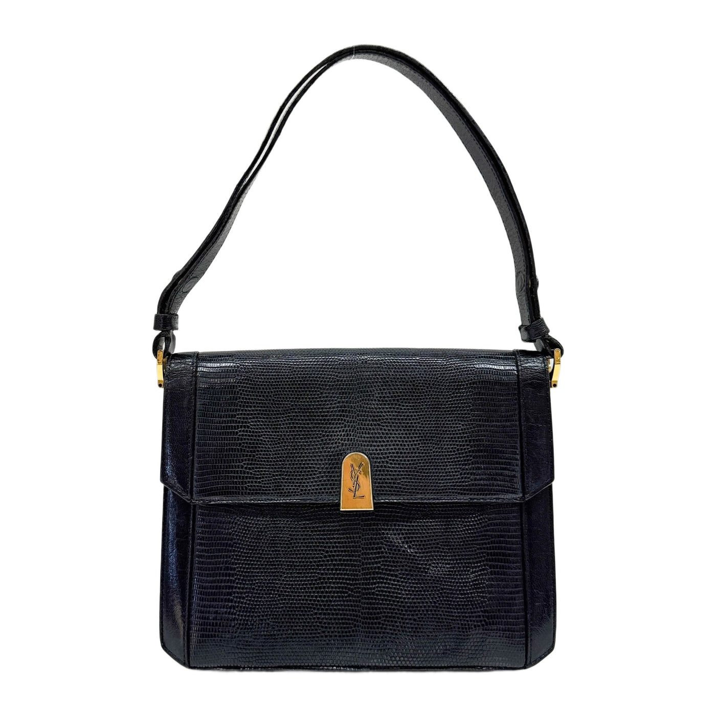 Black Lizzard Embossed Leather Shoulder Bag