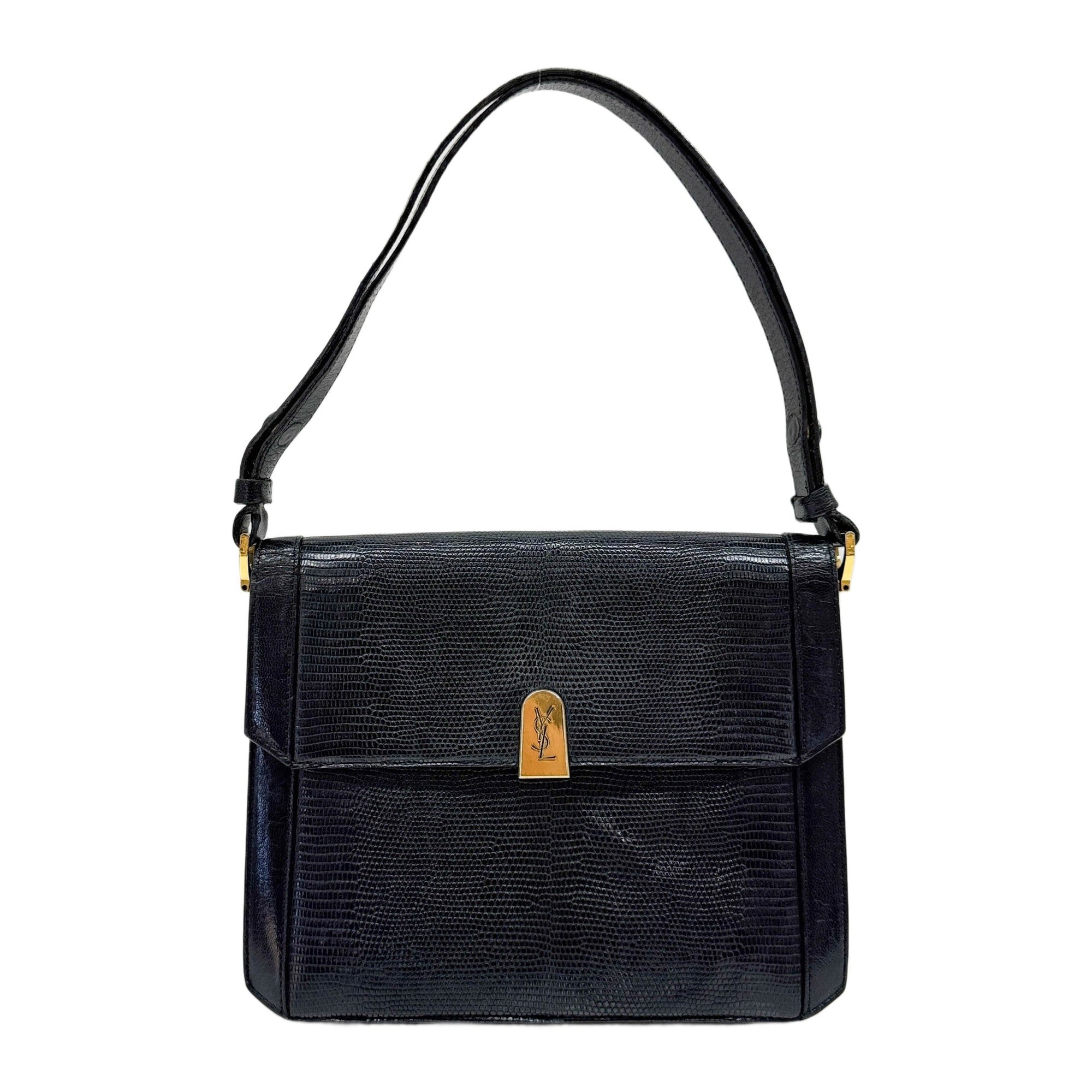 Black Lizzard Embossed Leather Shoulder Bag