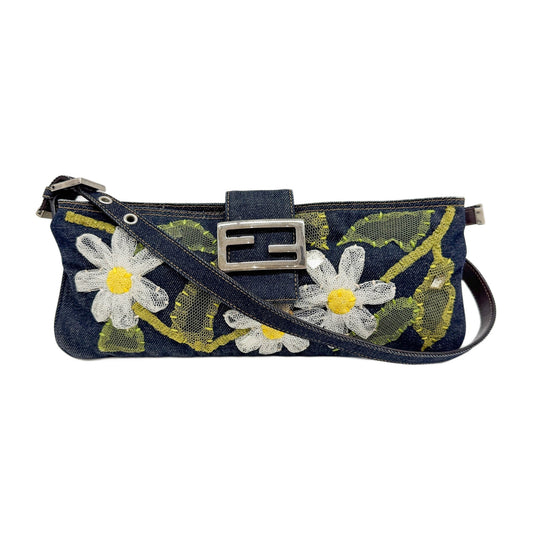 Rafia Embroidered Navy Denim Crossbody Bag