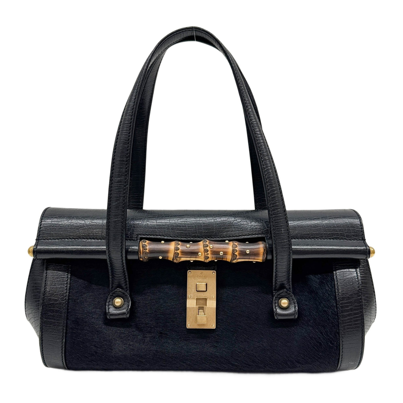 Bamboo Leather Trim Black Pony Hair Shoulder Bag