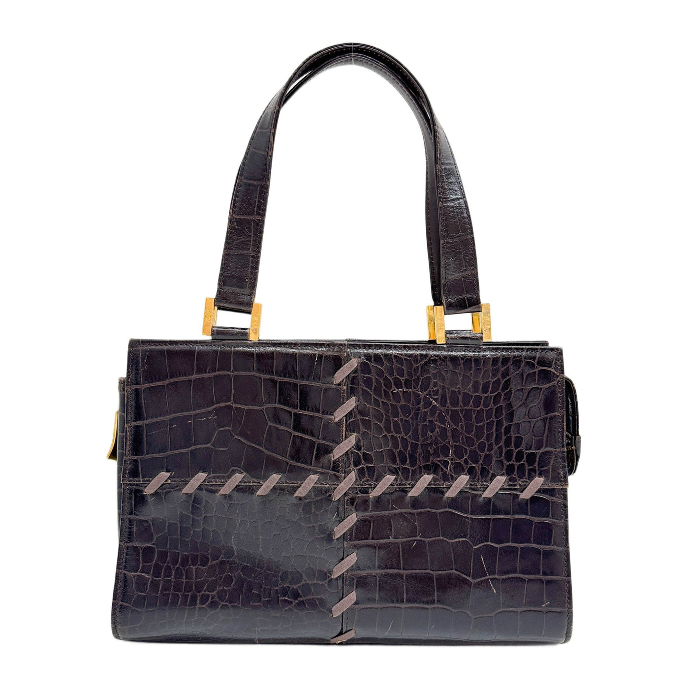 Espresso Brown Crocodile Embossed Leather Hand Bag