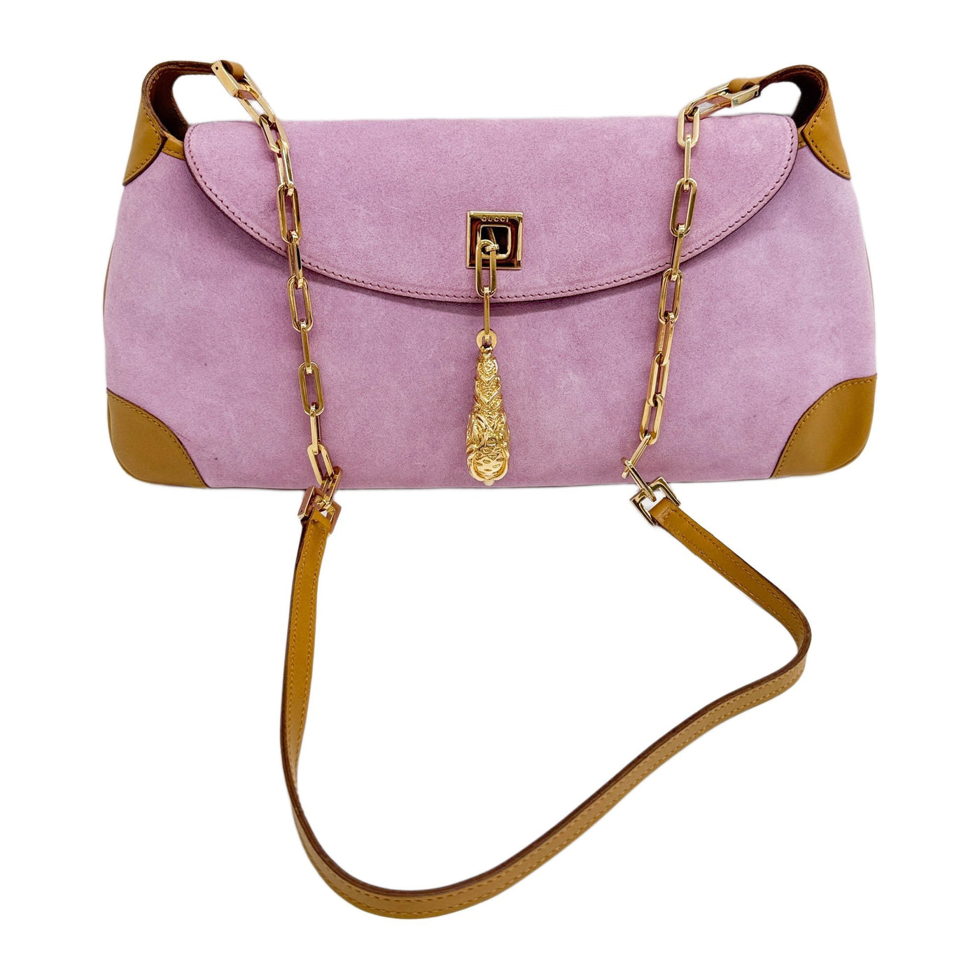 Tiger Charm Beige Leather Trim Lavender Suede Shoulder Bag