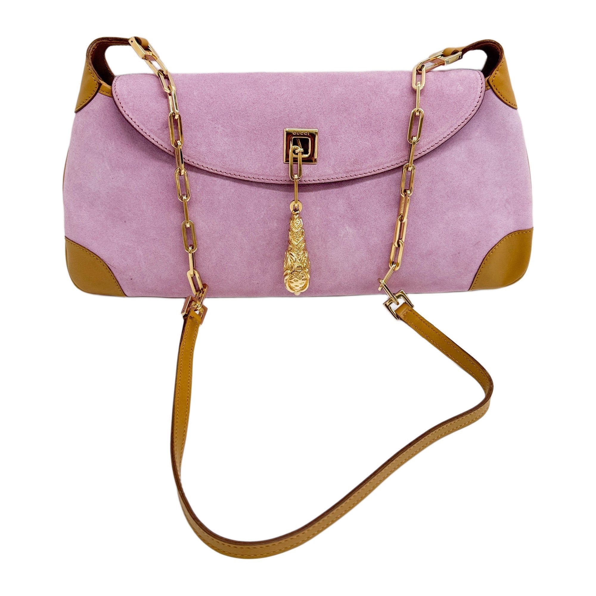 Tiger Charm Beige Leather Trim Lavender Suede Shoulder Bag