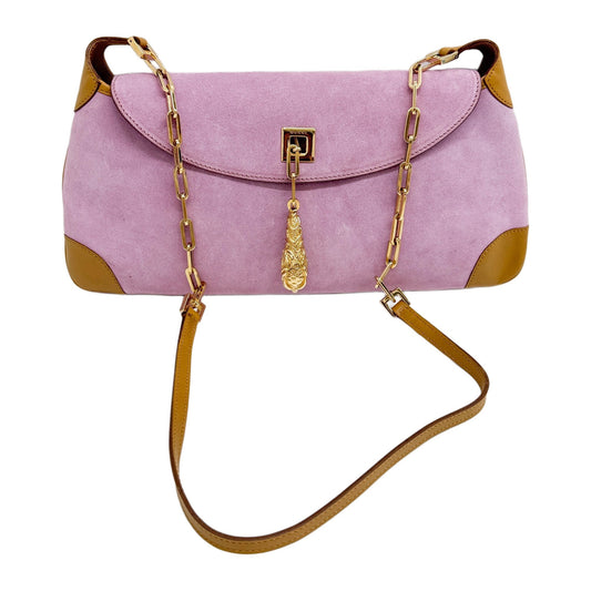 Tiger Charm Beige Leather Trim Lavender Suede Shoulder Bag