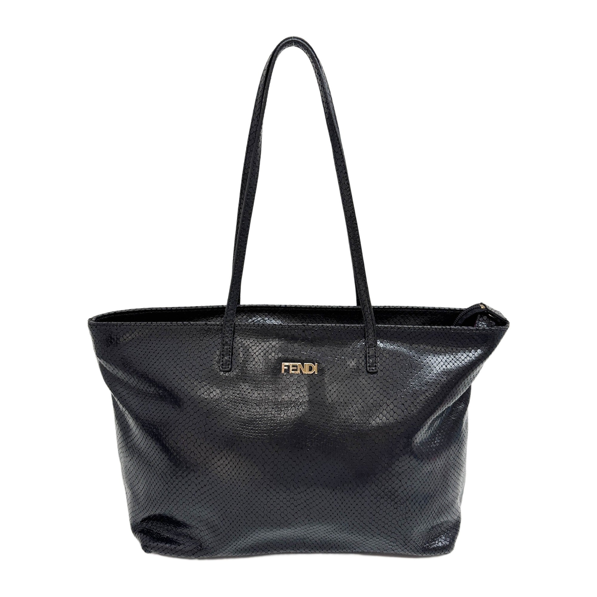 Black Embossed Python Leather Tote Shoulder Bag