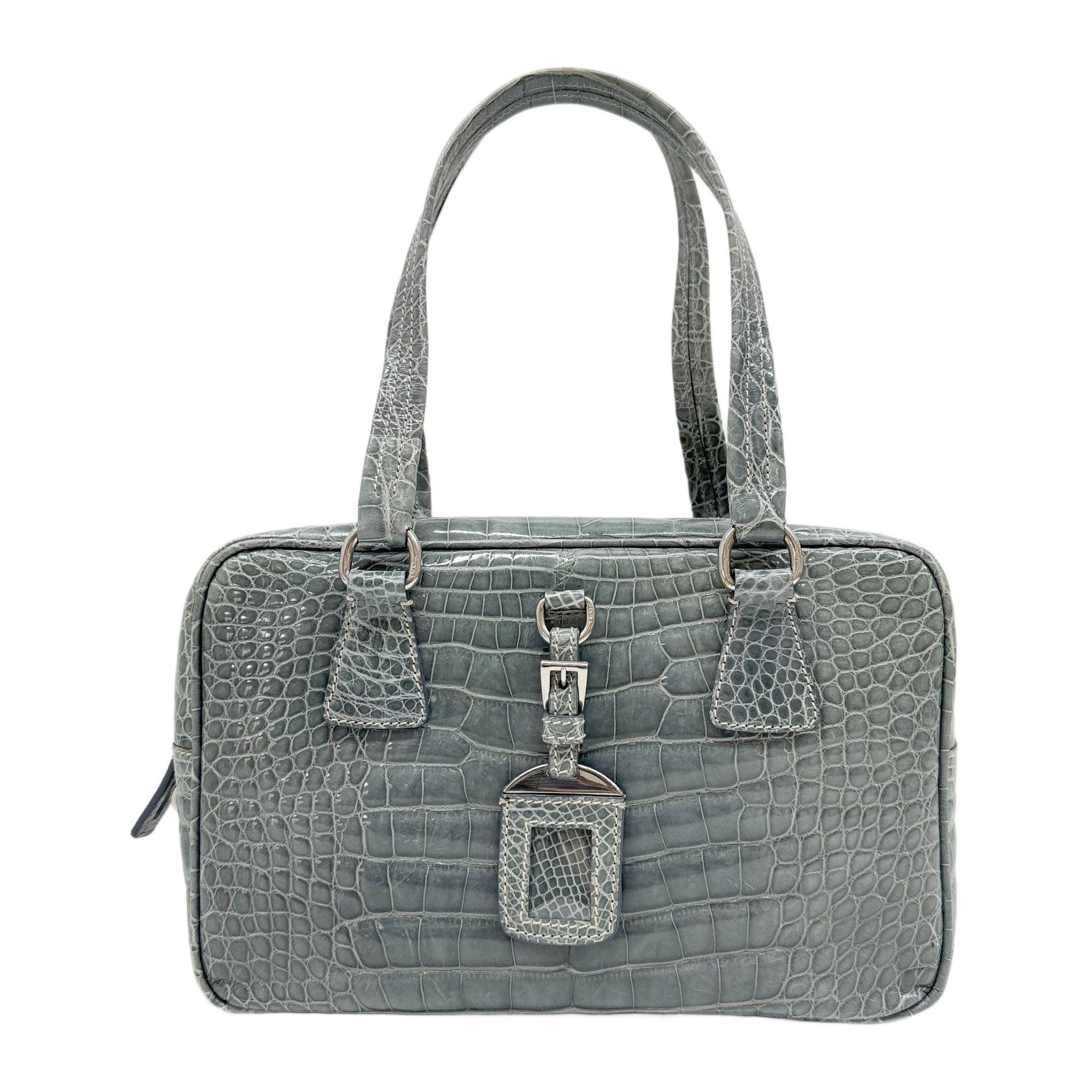 Ocean Blue Croc-Embossed Leather Shoulder Bag