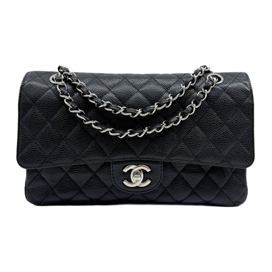 Medium Classic Double Flap 2009-2010 Silver Hardware Matelasse Black Caviar Leather Shoulder Bag