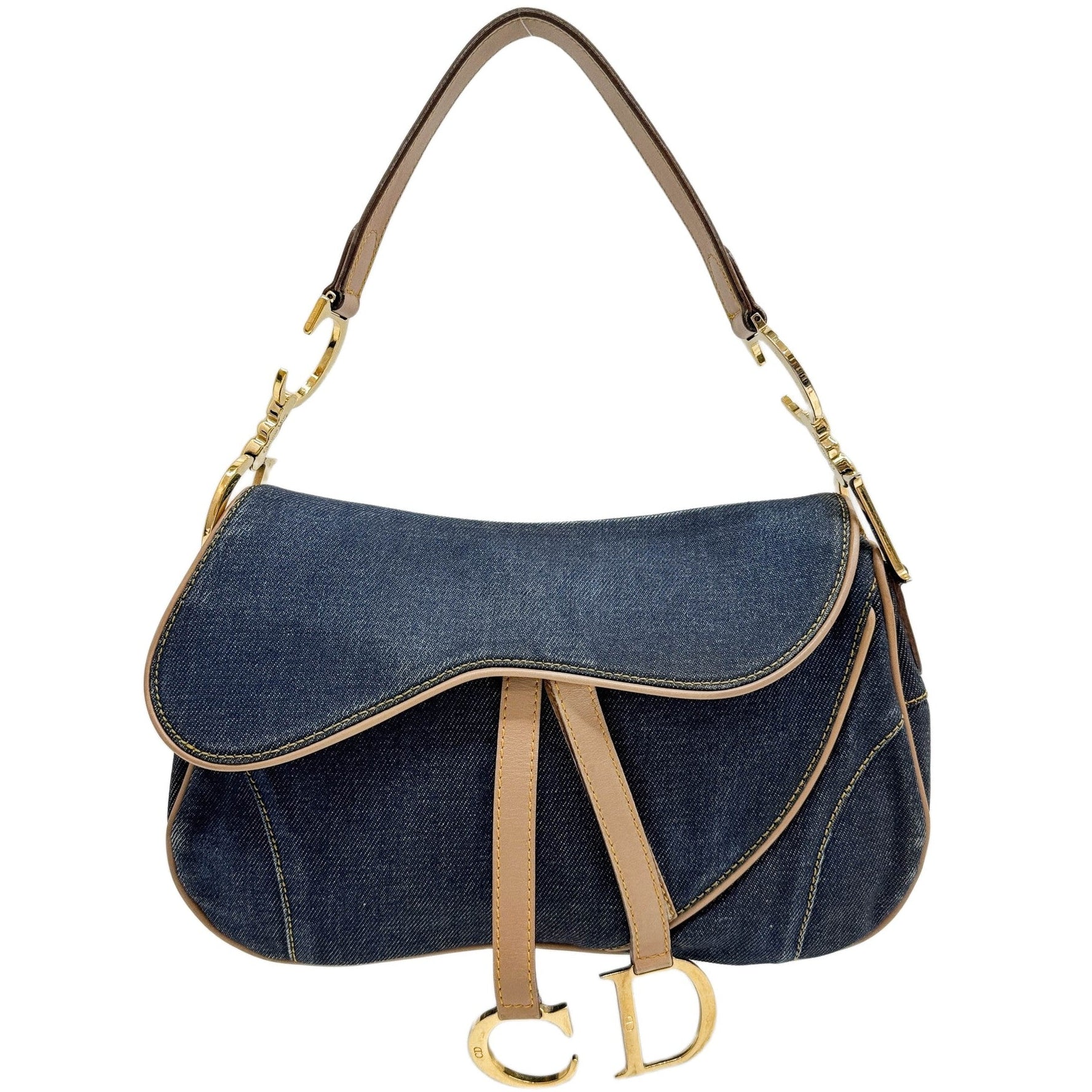 Double Saddle Beige Leather Trim Blue Denim Shoulder Bag