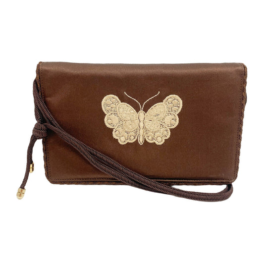 Braided Lining Butterfly Embroidered Brown Satin Shoulder Bag