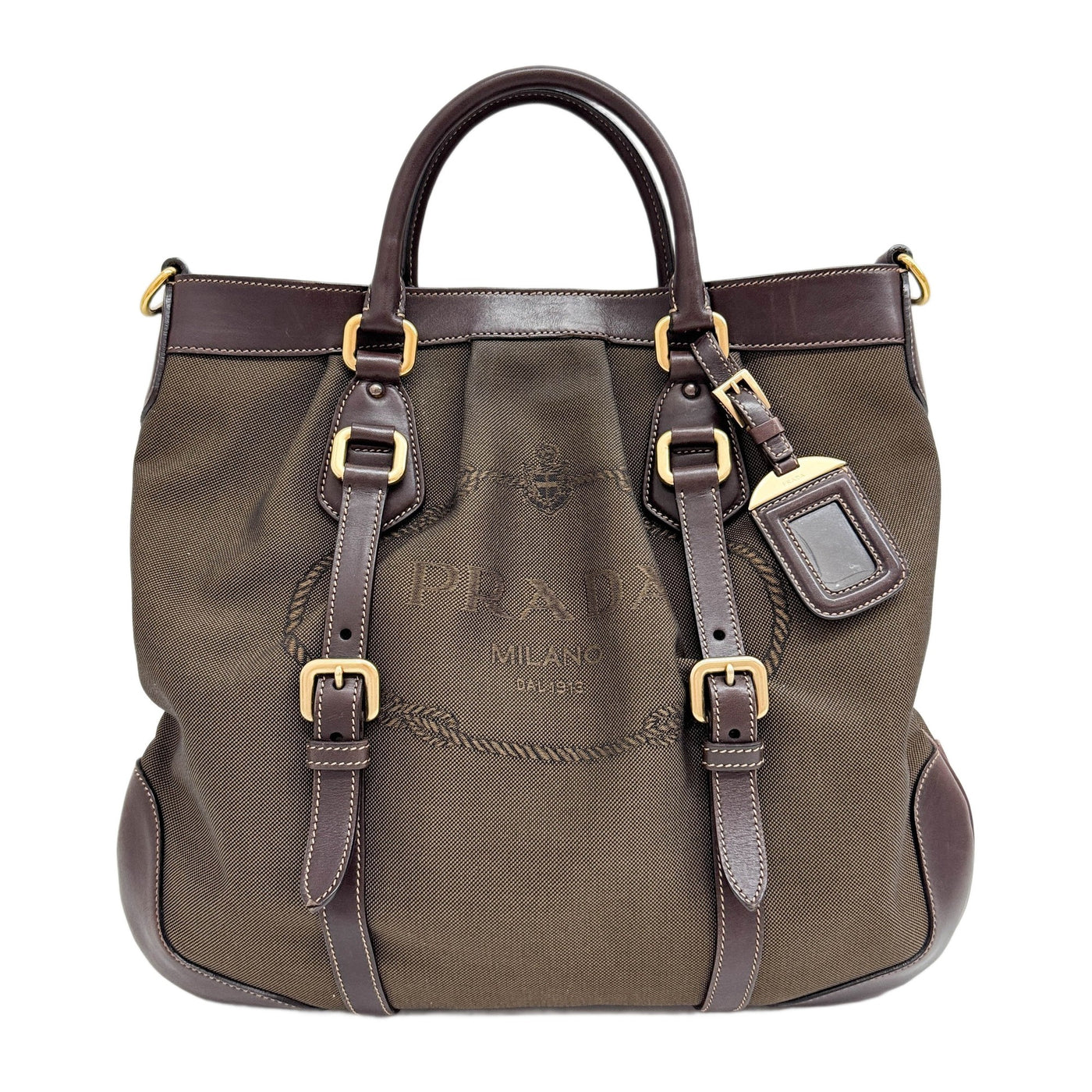 Leather Trim Brown Jacquard Canvas Two Way Bag