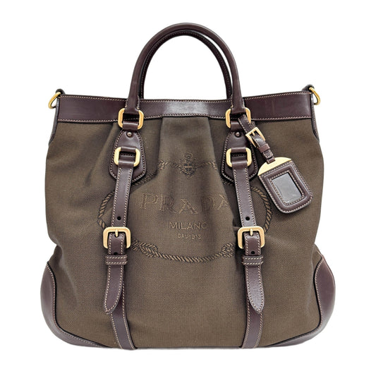 Leather Trim Brown Jacquard Canvas Two Way Bag