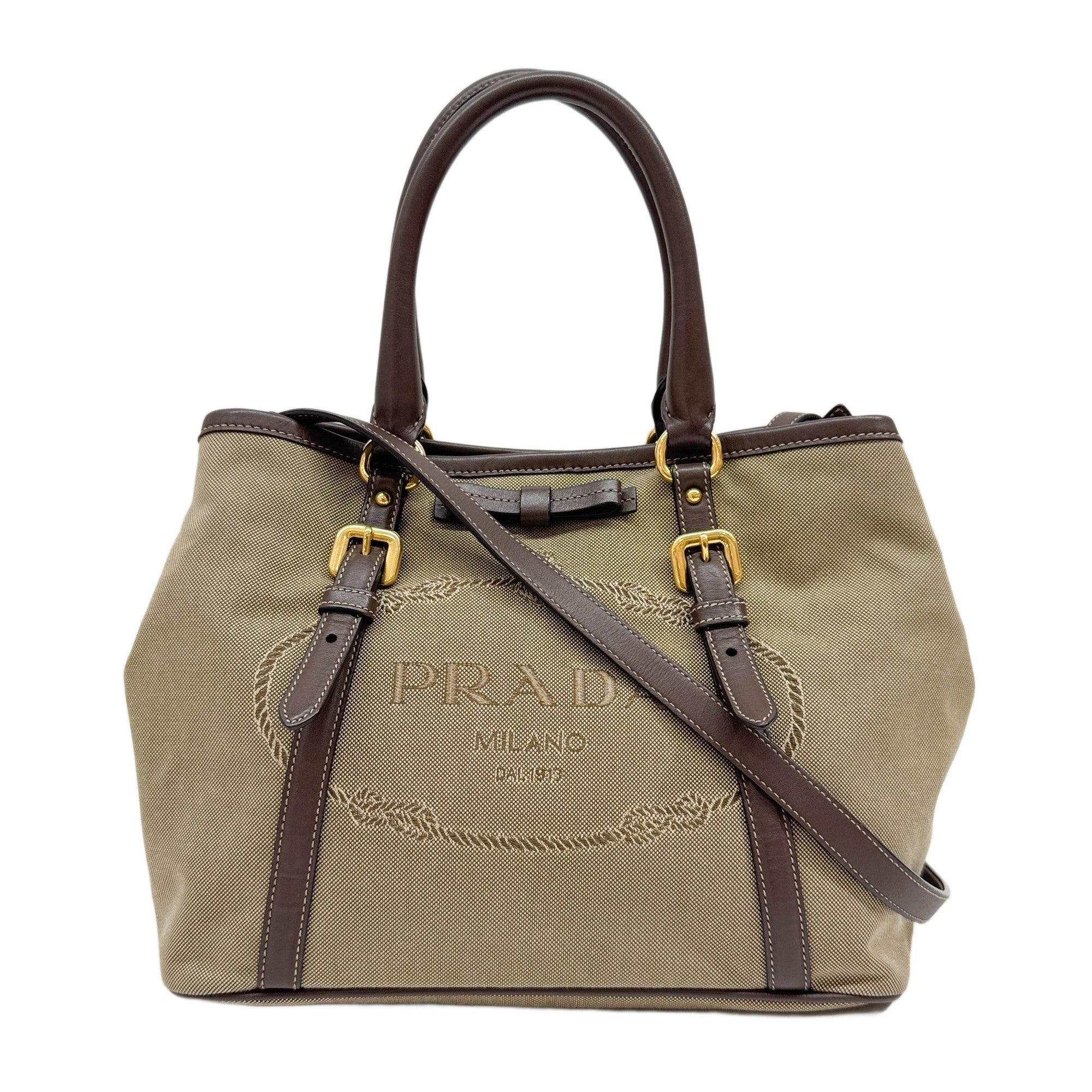 Leather Trim Ribbon Brown Jacquard Canvas Hand Bag