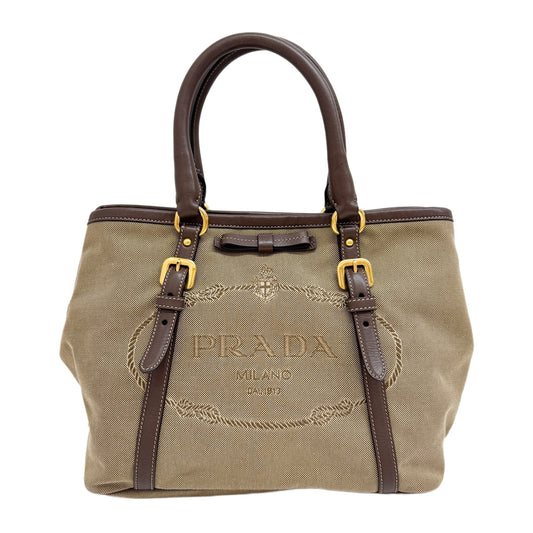 Leather Trim Ribbon Brown Jacquard Canvas Two Way Bag