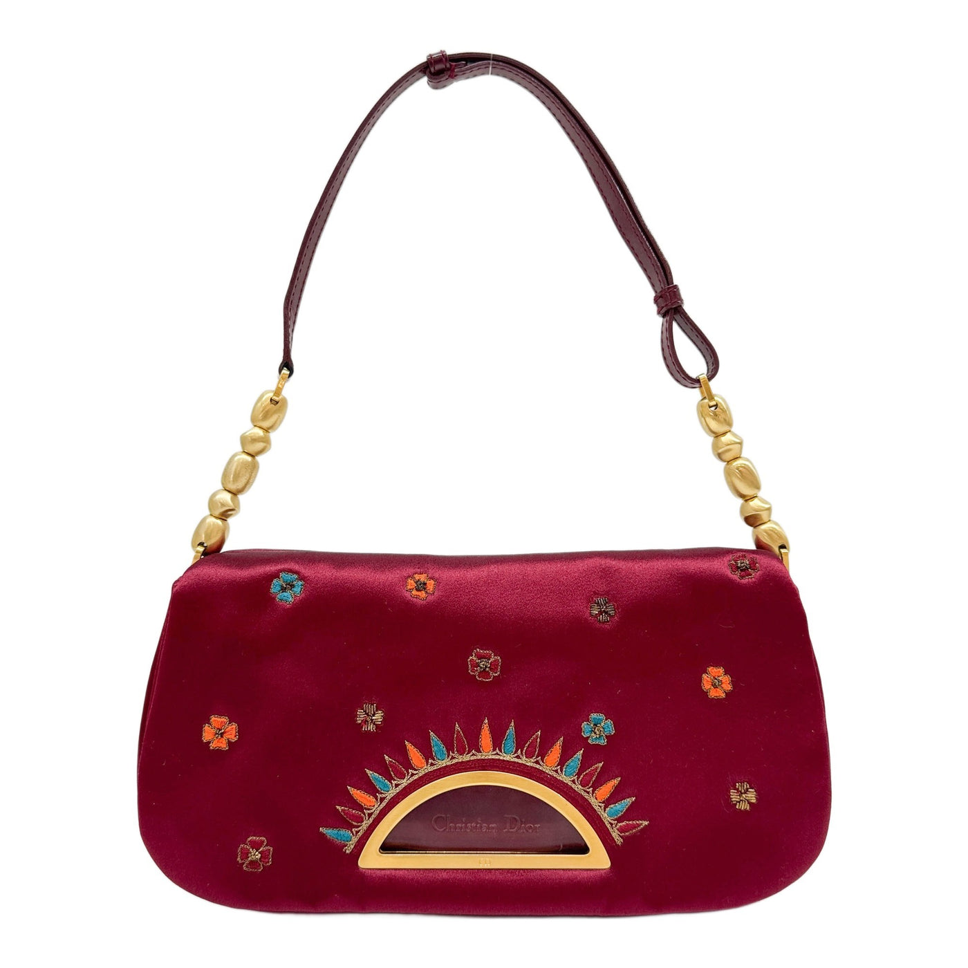 Malice Pearl Embroidered Flowers Red Satin Shoulder Bag