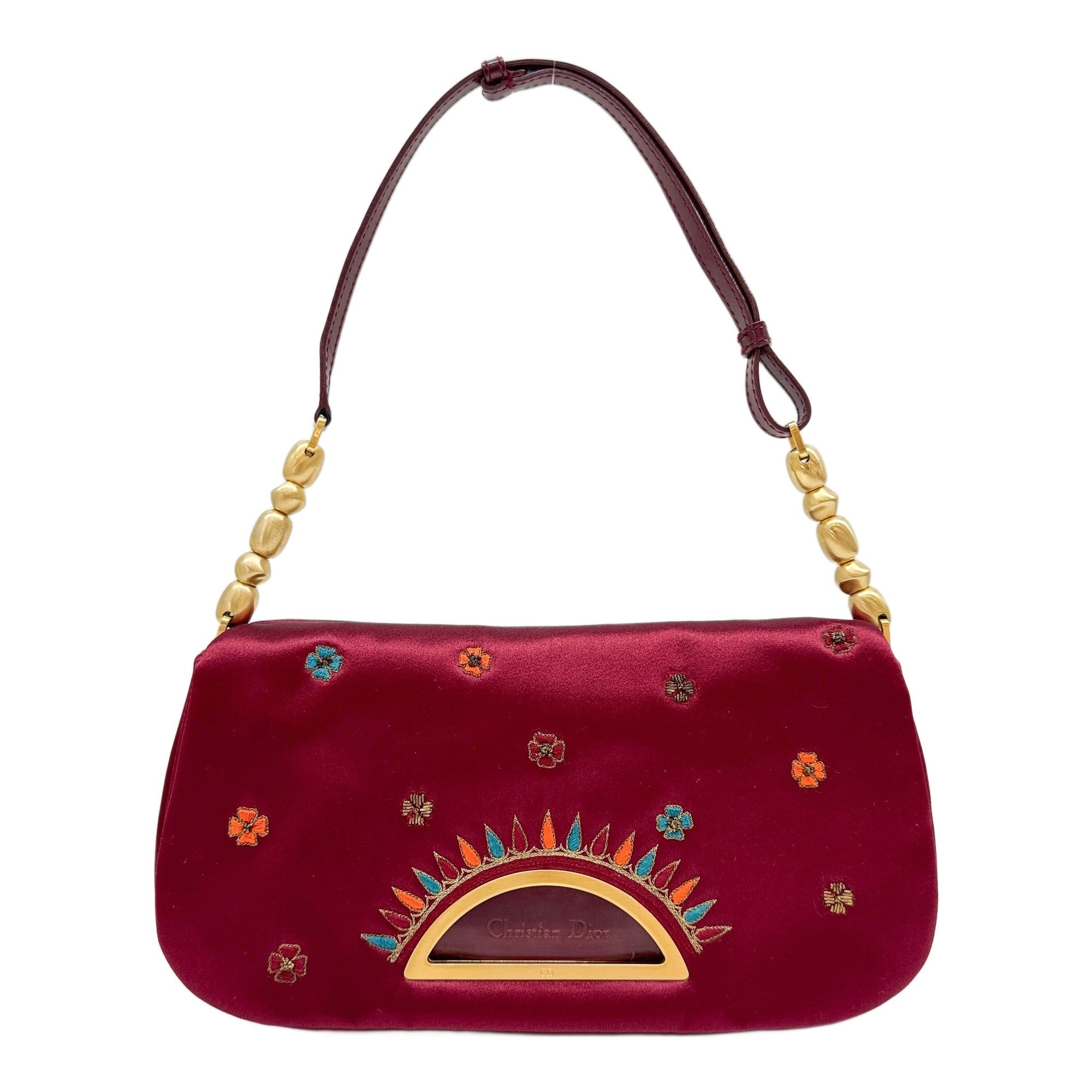 Malice Pearl Embroidered Flowers Red Satin Shoulder Bag
