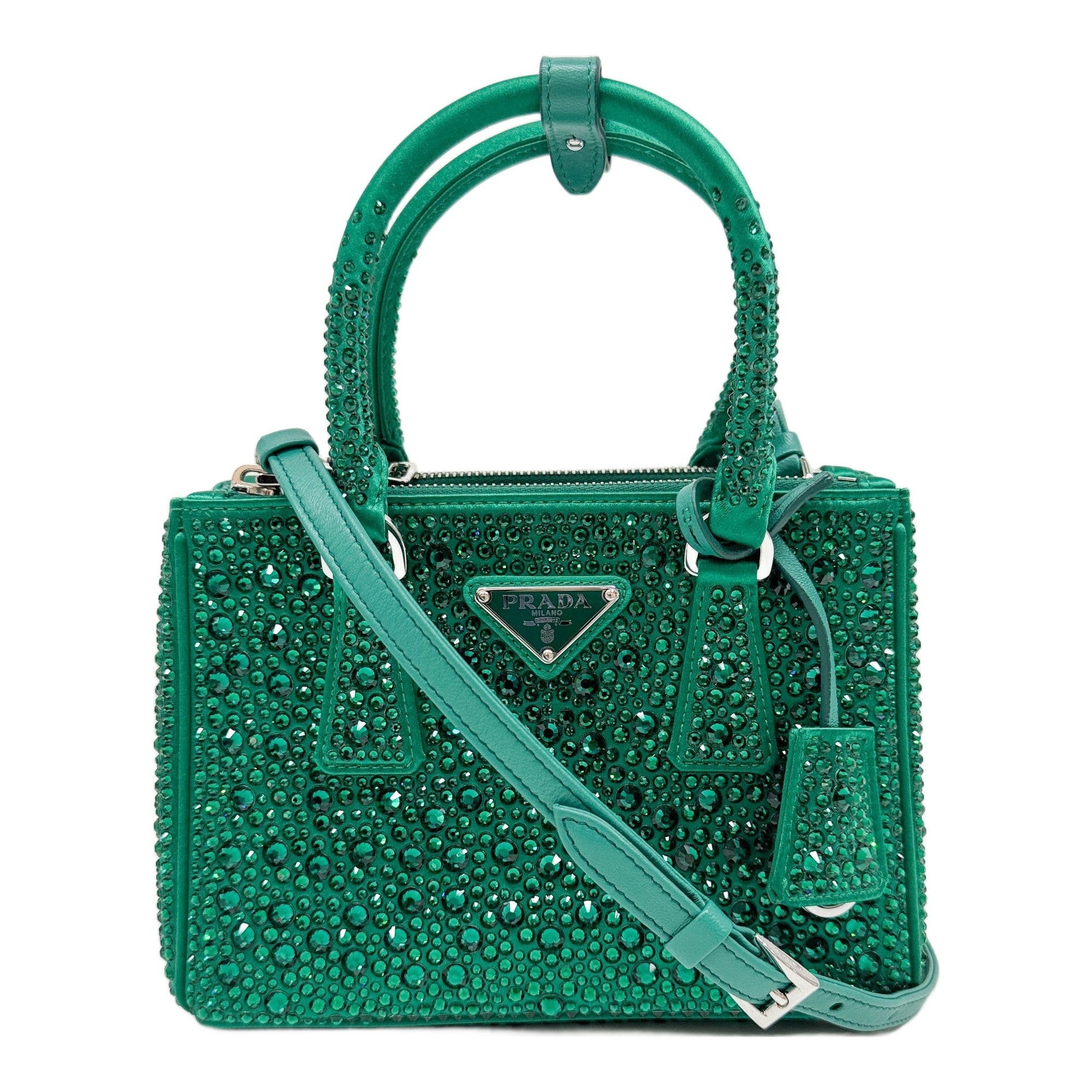 Galleria Rhinestone Emerald Green Satin Two Way Bag