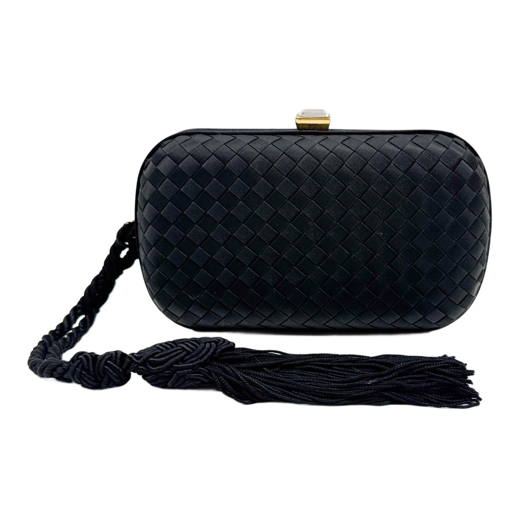 Intrecciato Fringe Black Satin Clutch Bag
