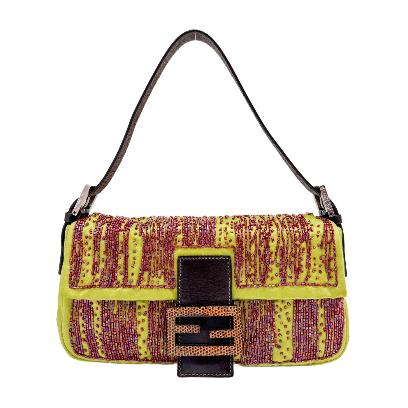 Baguette Beaded Embroidery Green Satin Shoulder Bag