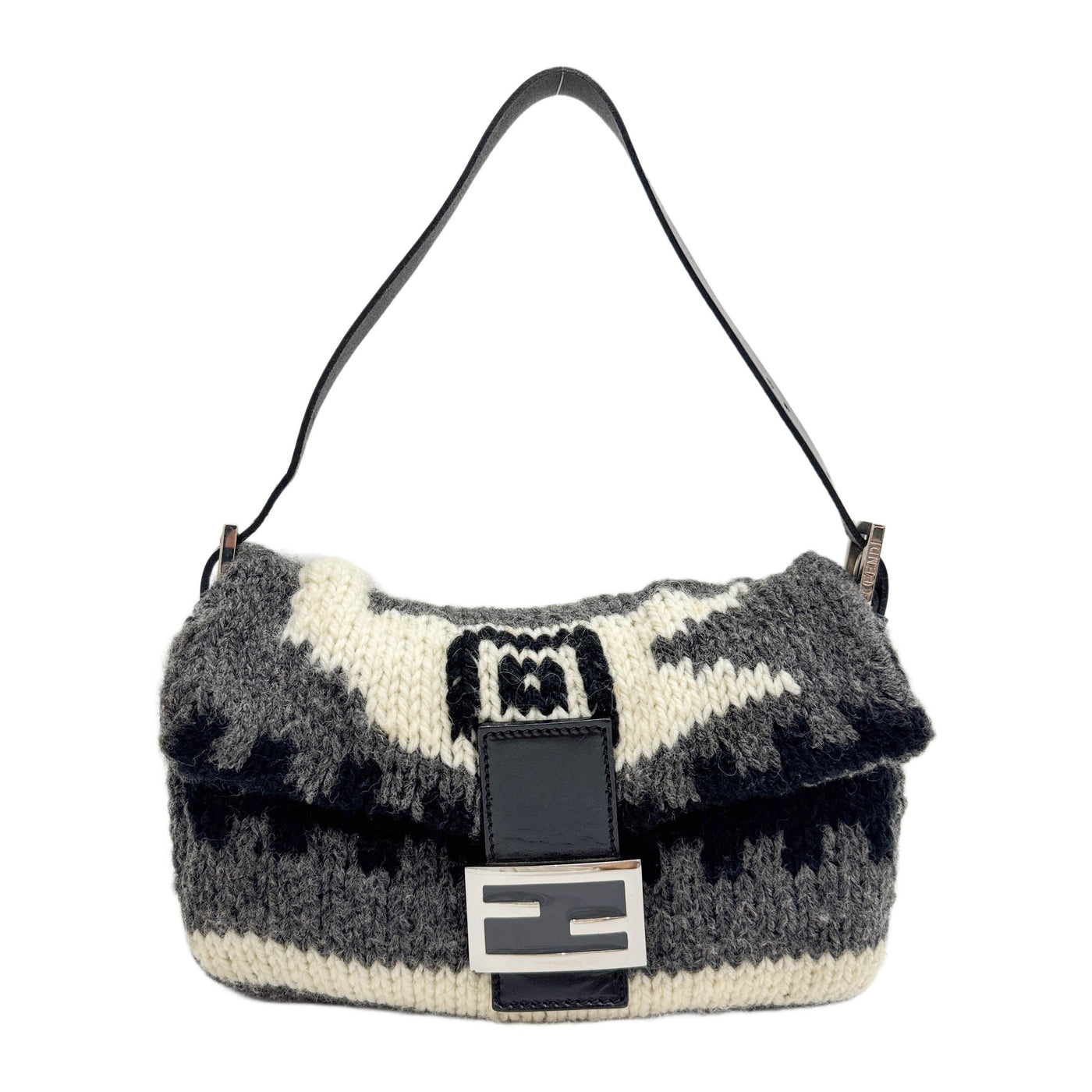 Baguette Leather Knitted Grey Wool Shoulder Bag