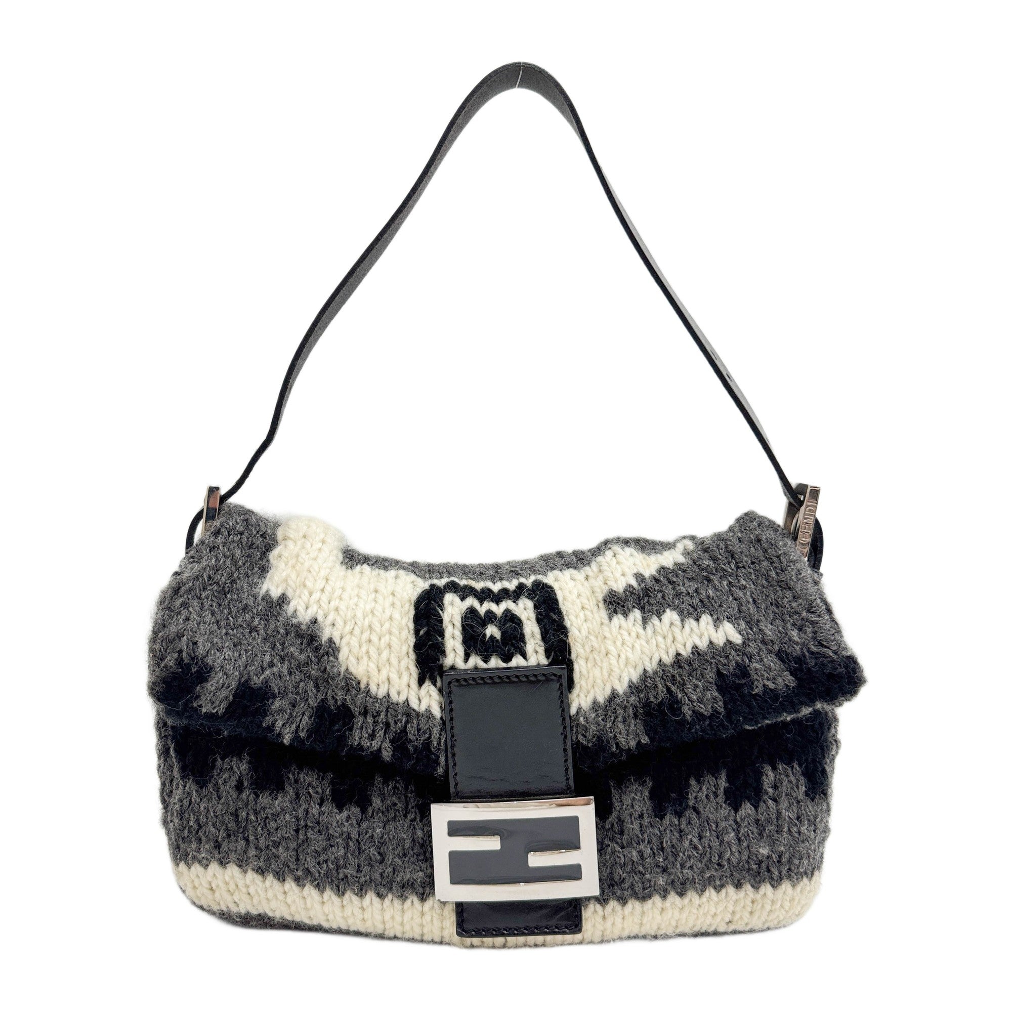 Baguette Leather Knitted Grey Wool Shoulder Bag