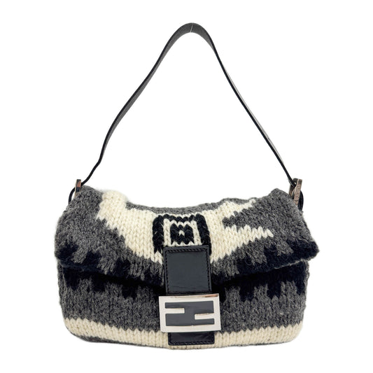 Baguette Leather Knitted Grey Wool Shoulder Bag