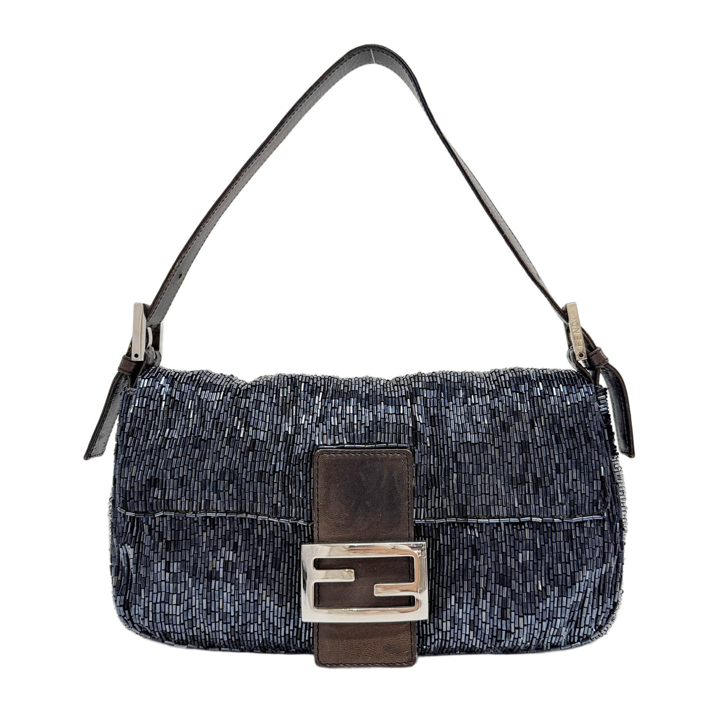 Baguette Brown Leather Trim Midnight Blue Beaded Shoulder Bag