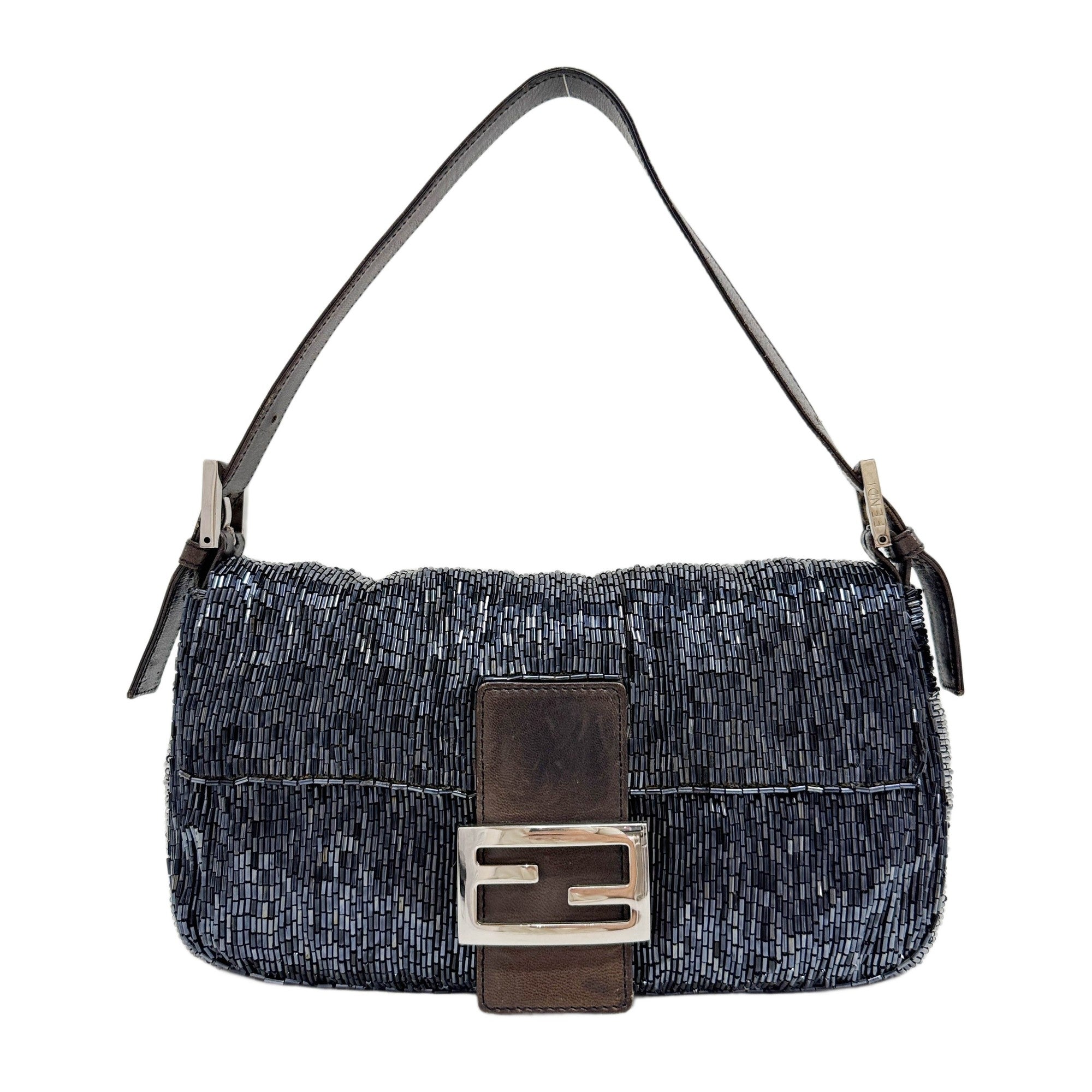 Baguette Brown Leather Trim Midnight Blue Beaded Shoulder Bag