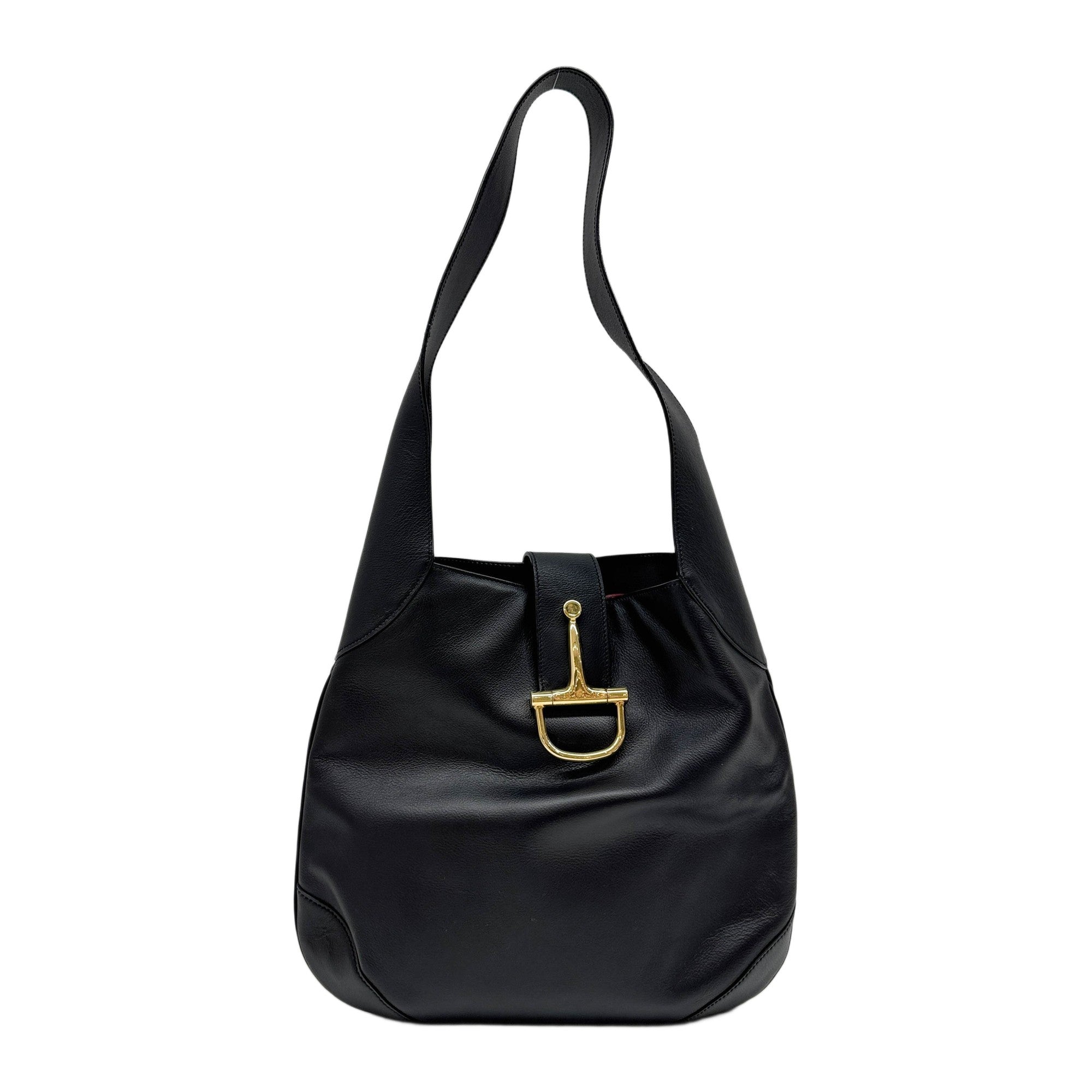 Horsebit Closure Black Leather Shoulder Bag