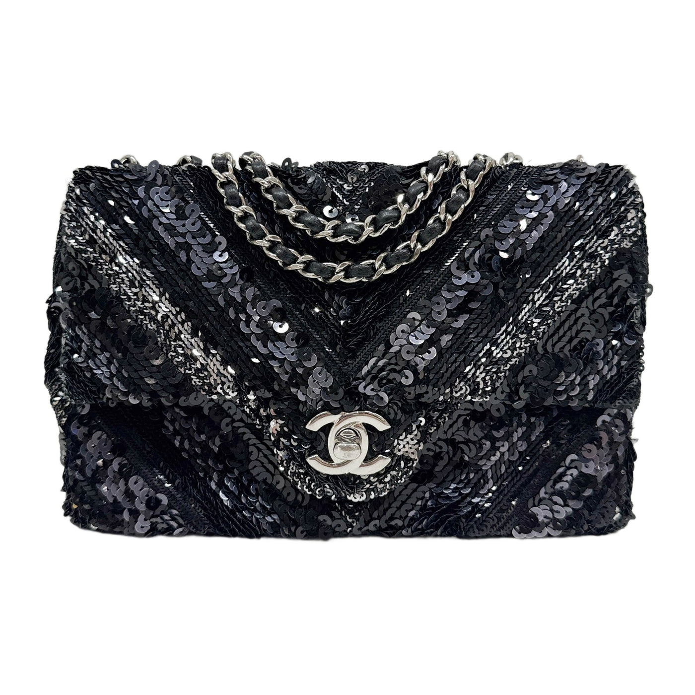 Rectangular Mini Classic Flap 2016-2017 Chevron Black Sequin Shoulder Bag