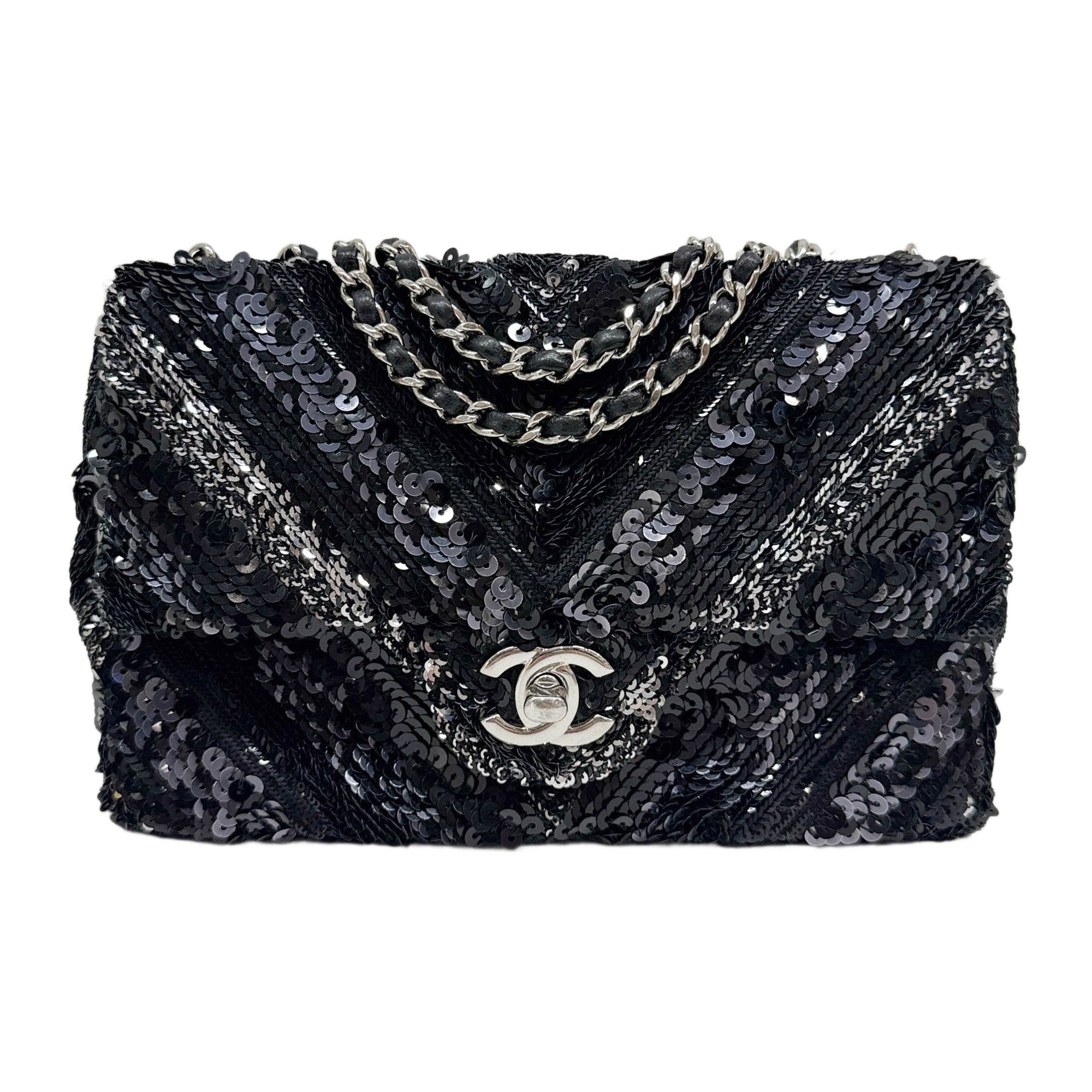 Rectangular Mini Classic Flap 2016-2017 Chevron Black Sequin Shoulder Bag