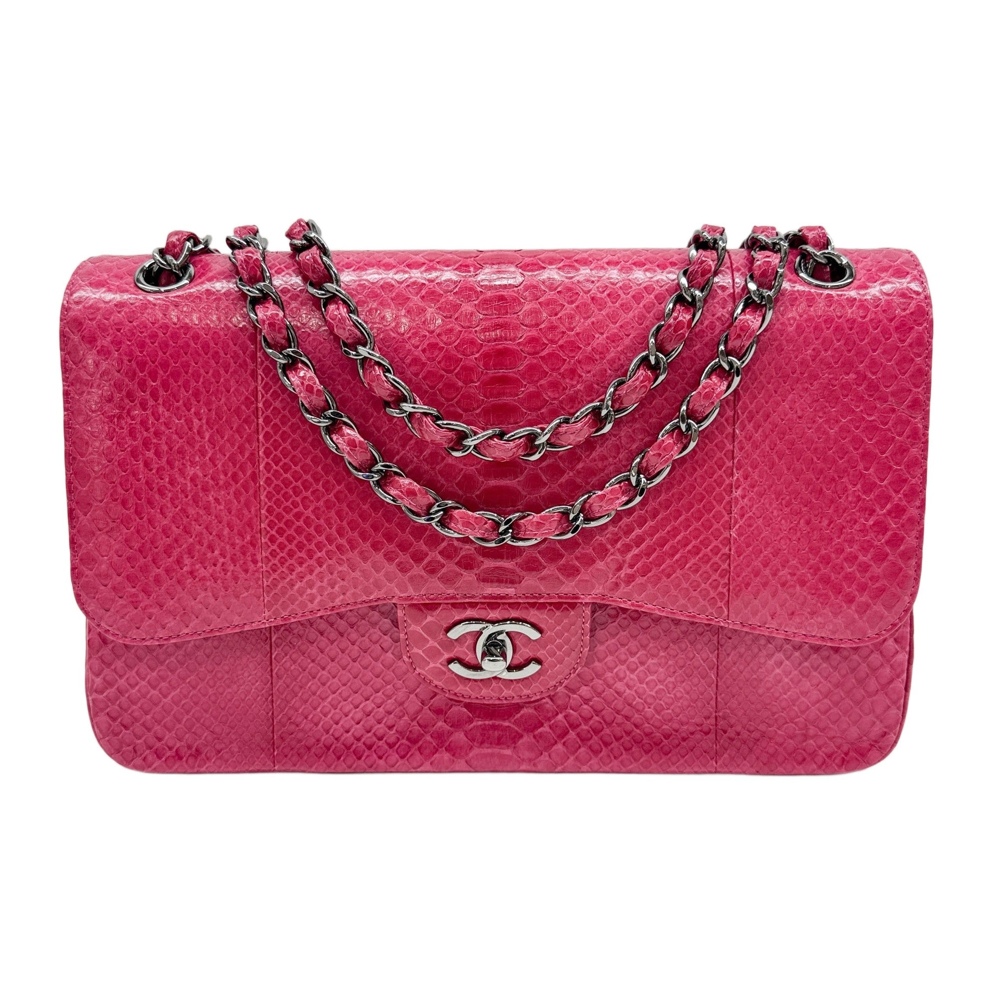 Jumbo Classic Double Flap 2014 Dragonfruit Pink Python Embossed Leather Shoulder Bag