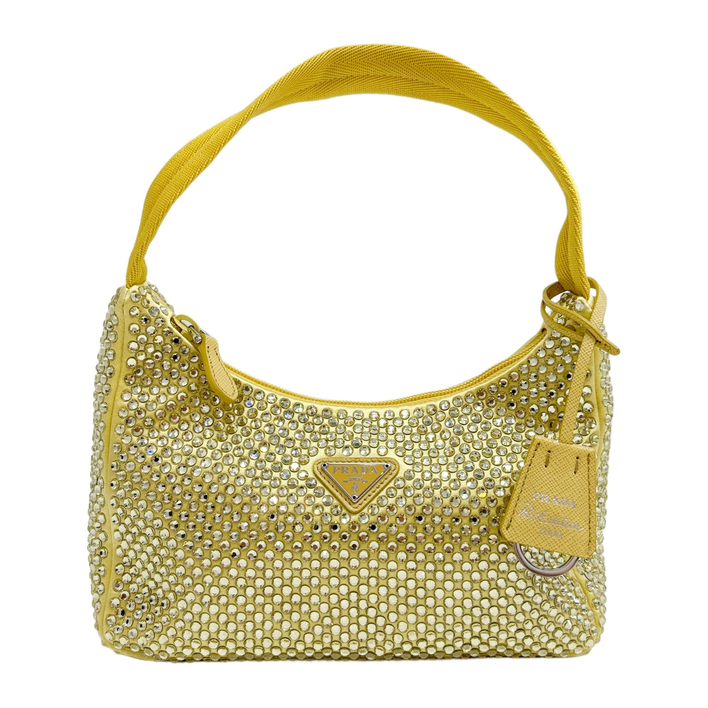 Re-Edition 2000 Rhinestone Embellished Yellow Satin Hand Bag