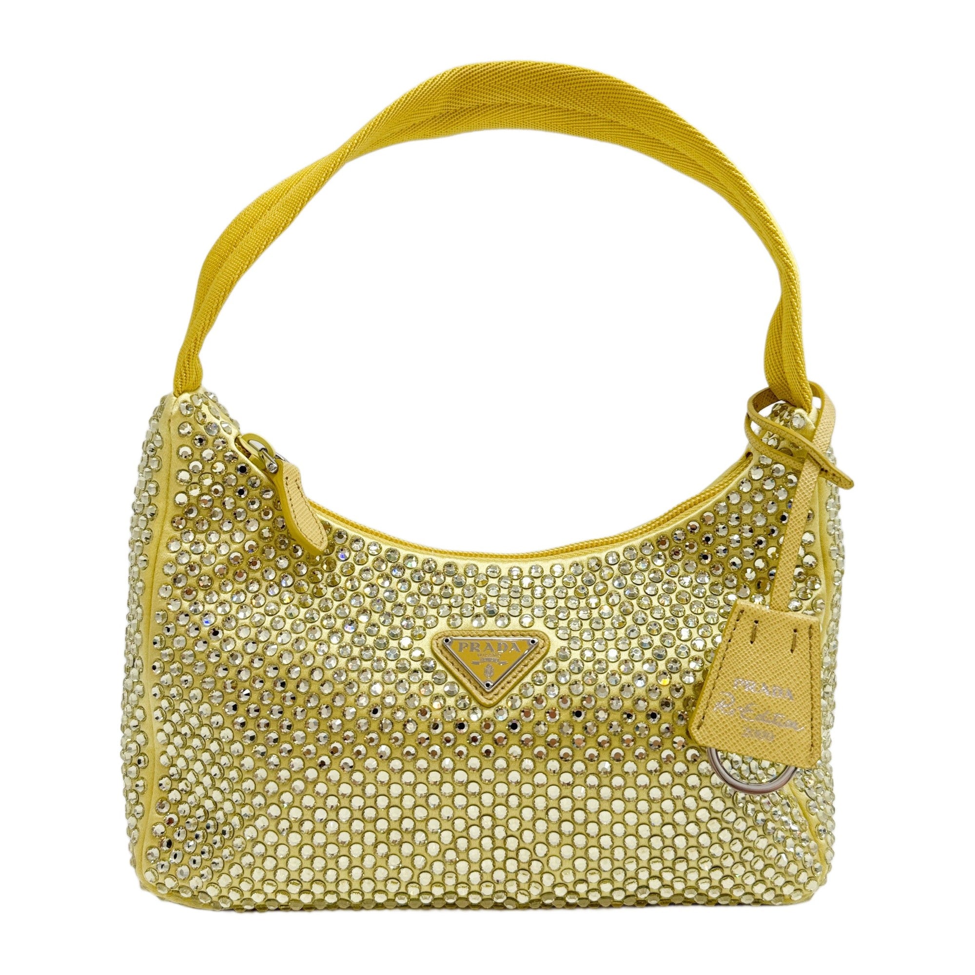 Re-Edition 2000 Rhinestone Embellished Yellow Satin Hand Bag