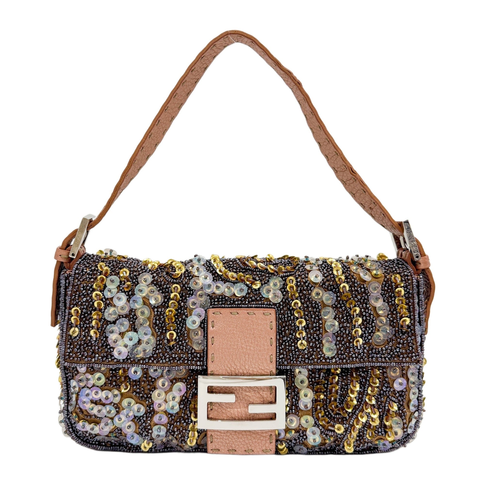 Baguette Selleria Leather Trim Multicolor Sequin and Beads Brown Mesh Canvas Shoulder Bag