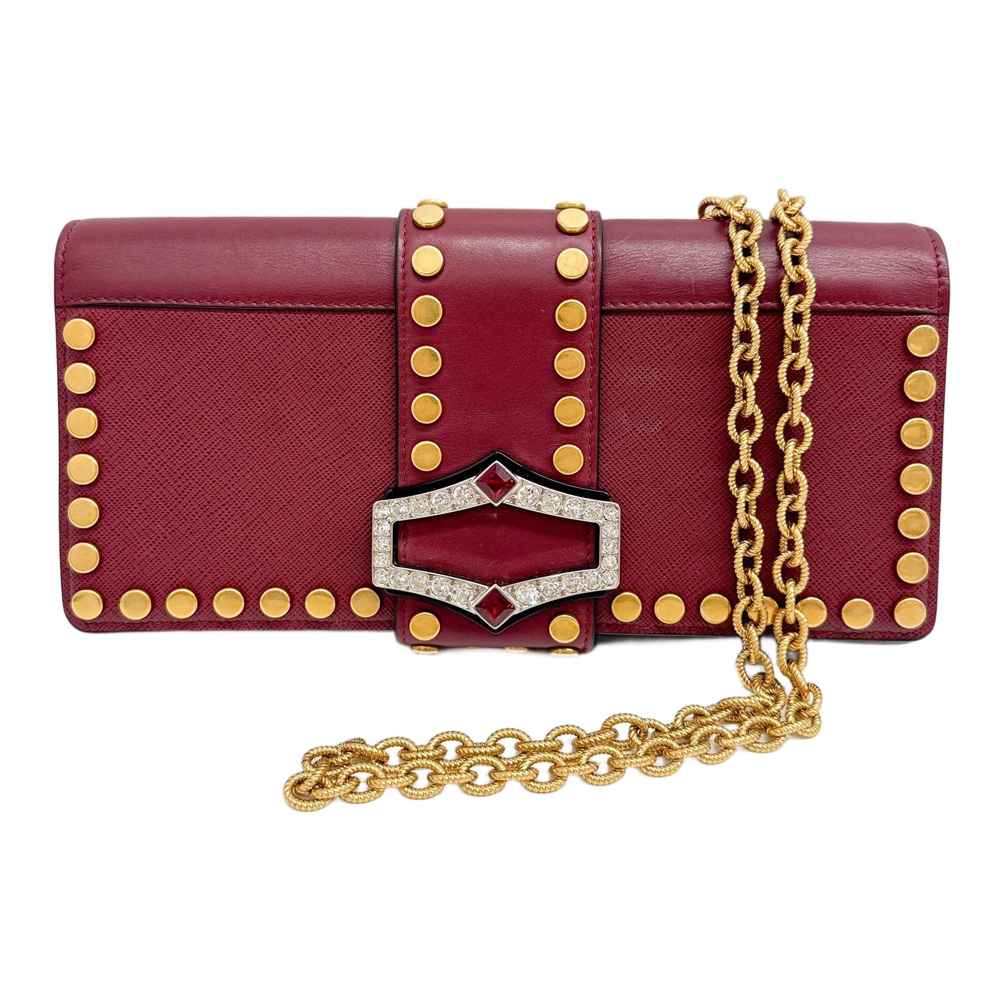 Stud Embellished Burgundy Red Leather Chain Shoulder Bag