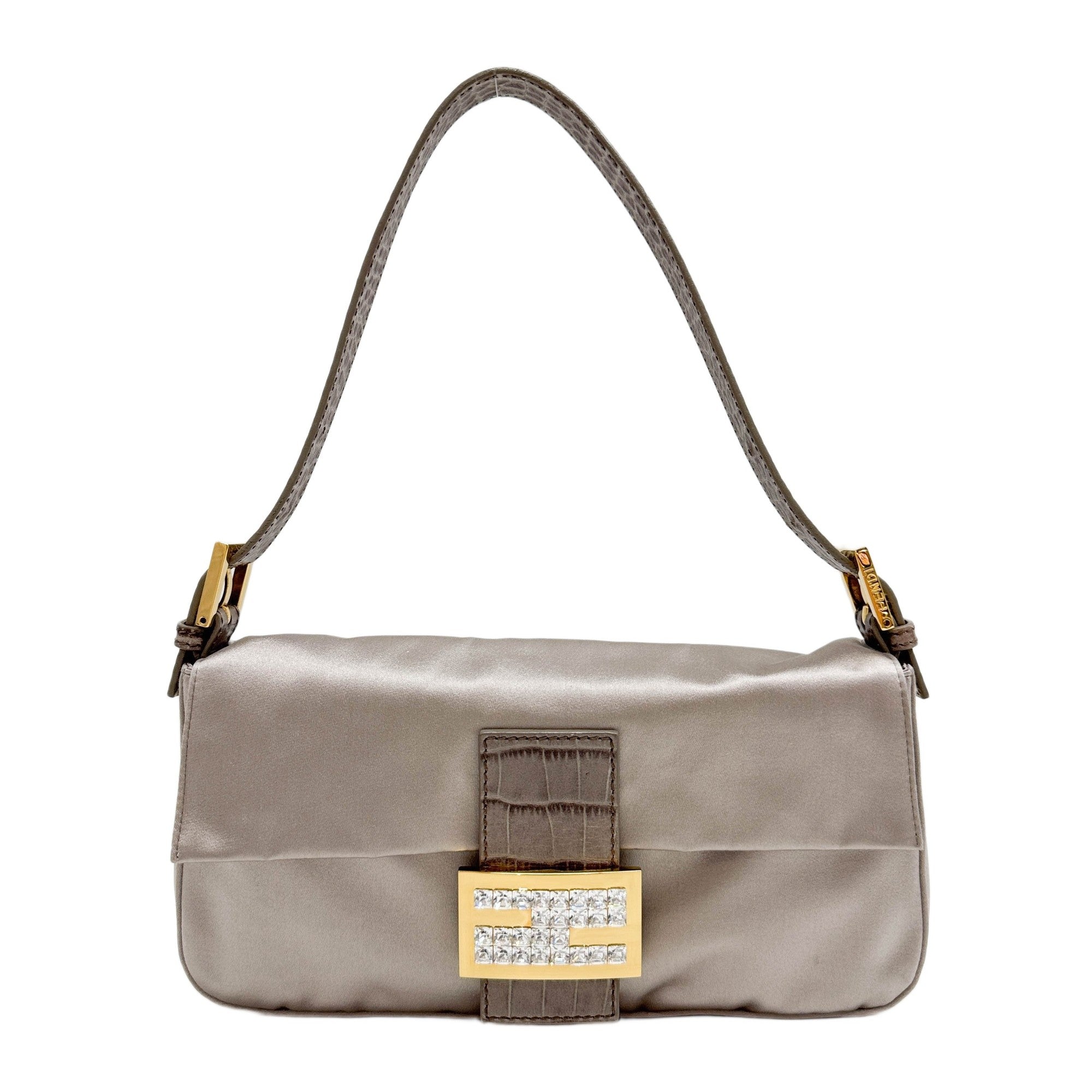 Baguette Crocodile Leather Trim Greige Satin Shoulder bag