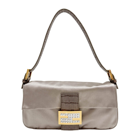 Baguette Crocodile Leather Trim Greige Satin Shoulder bag